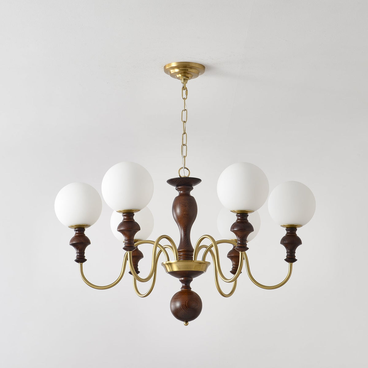 Timeless Globe Chandelier with Wood & Brass Accents – Modern Designer Pendant Light