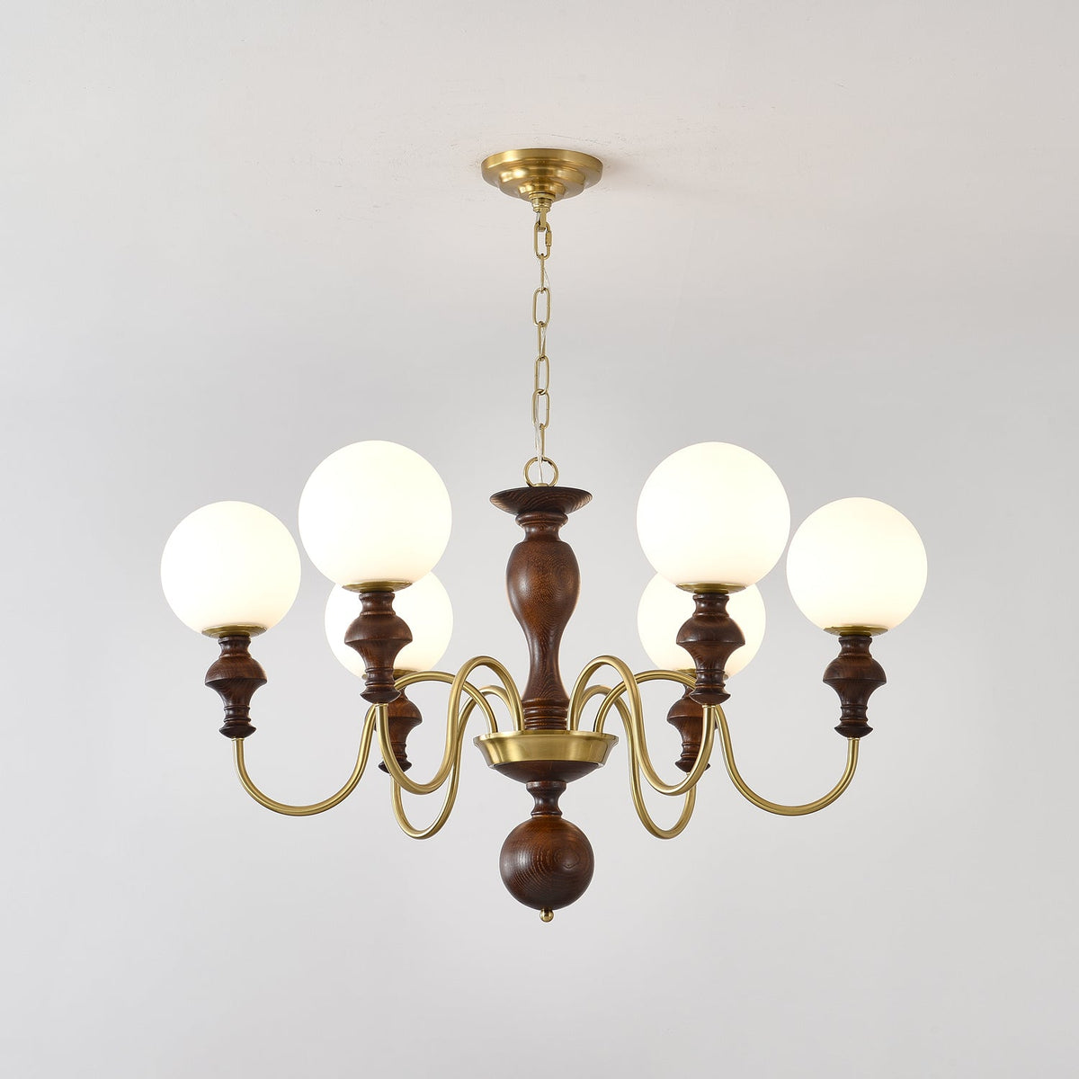 Timeless Globe Chandelier with Wood & Brass Accents – Modern Designer Pendant Light
