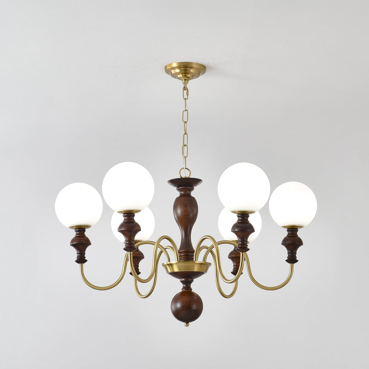 Timeless Globe Chandelier with Wood & Brass Accents – Modern Designer Pendant Light