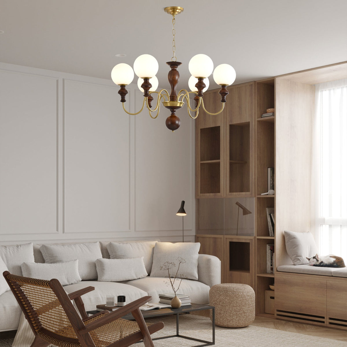 Timeless Globe Chandelier with Wood & Brass Accents – Modern Designer Pendant Light