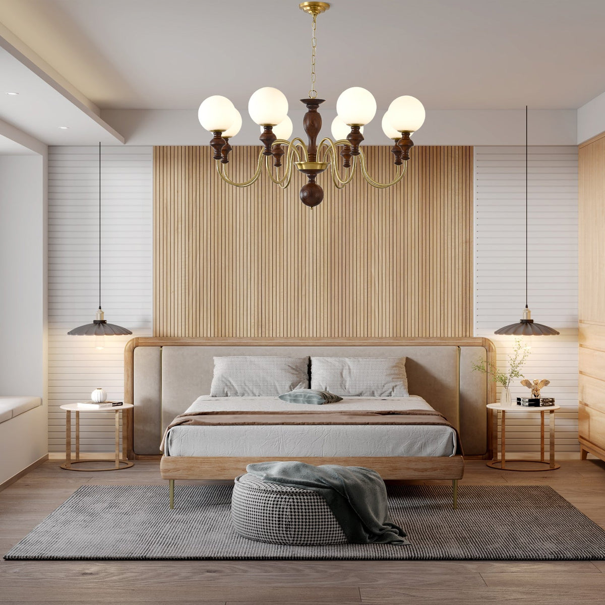 Timeless Globe Chandelier with Wood & Brass Accents – Modern Designer Pendant Light