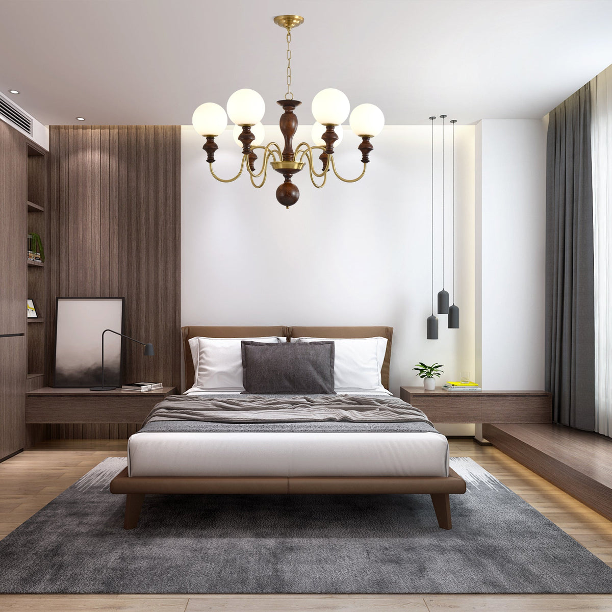 Timeless Globe Chandelier with Wood & Brass Accents – Modern Designer Pendant Light