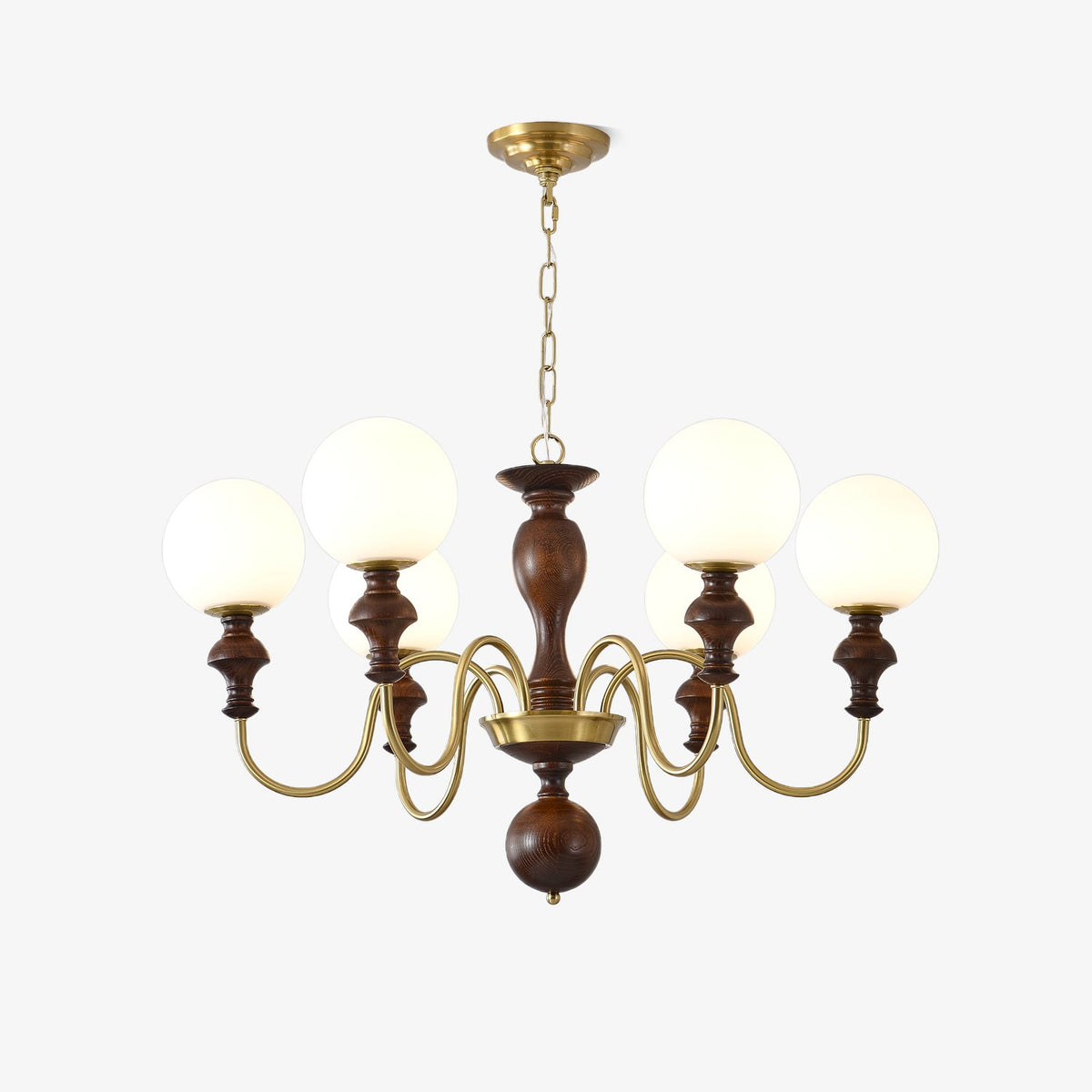 Timeless Globe Chandelier with Wood & Brass Accents – Modern Designer Pendant Light