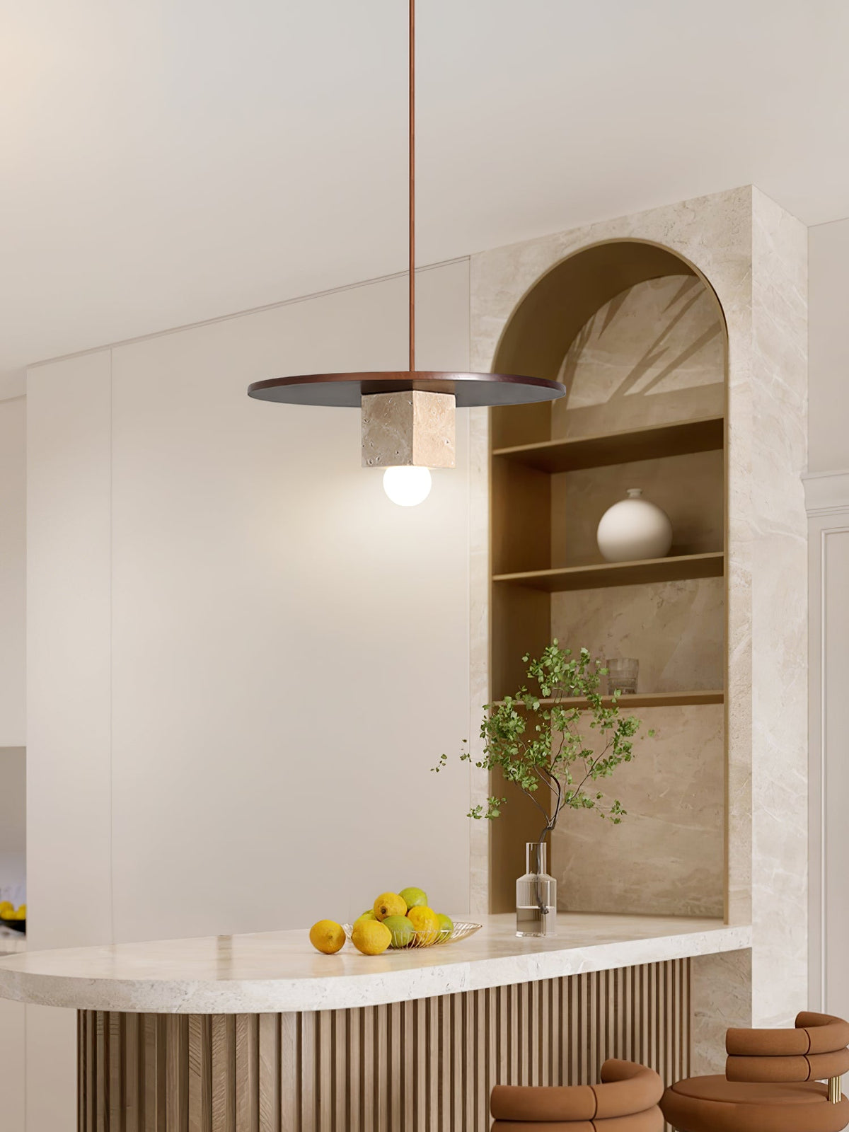 Tondo Travertine Disc Pendant Light in Walnut and Stone