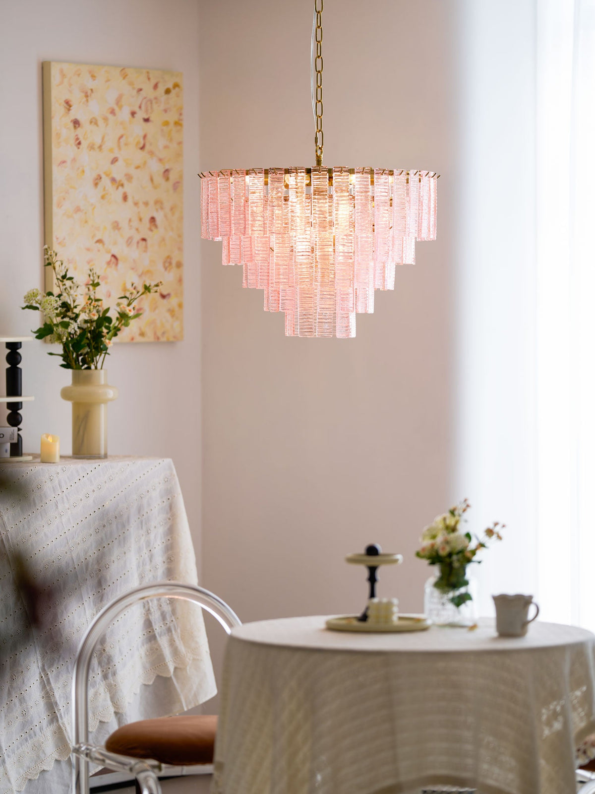 Opalora Pink Glass Chandelier | Murano-Style Gold Accent Lighting