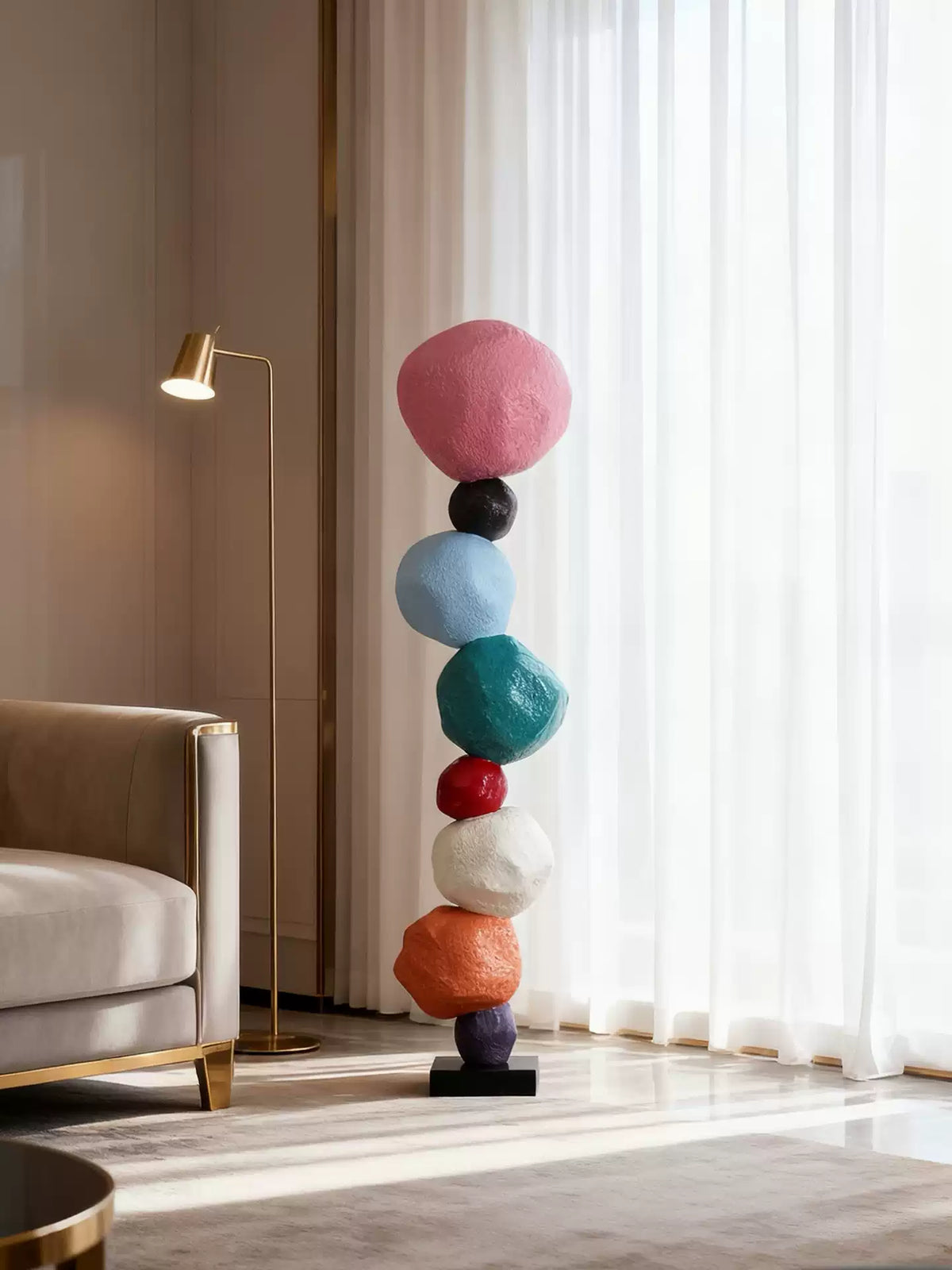 Totem Balance Art Sculpture – Colorful Fiberglass Decorative Piece for Modern Interiors