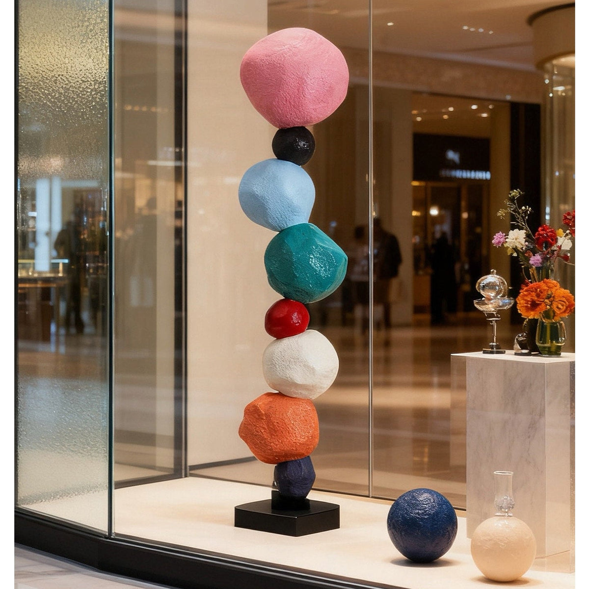 Totem Balance Art Sculpture – Colorful Fiberglass Decorative Piece for Modern Interiors