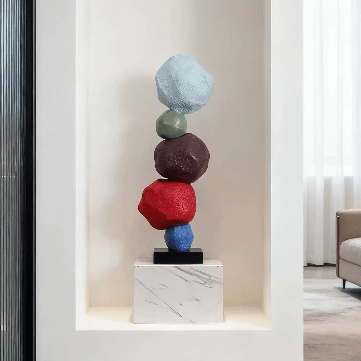 Totem Balance Art Sculpture – Colorful Fiberglass Decorative Piece for Modern Interiors