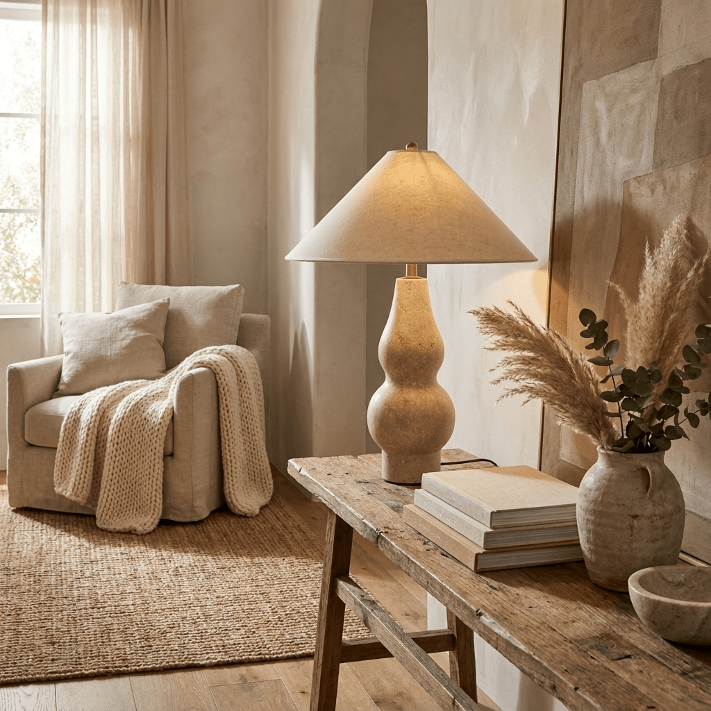 Tovelle Table Lamp in Yellow Travertine with Fabric Shade