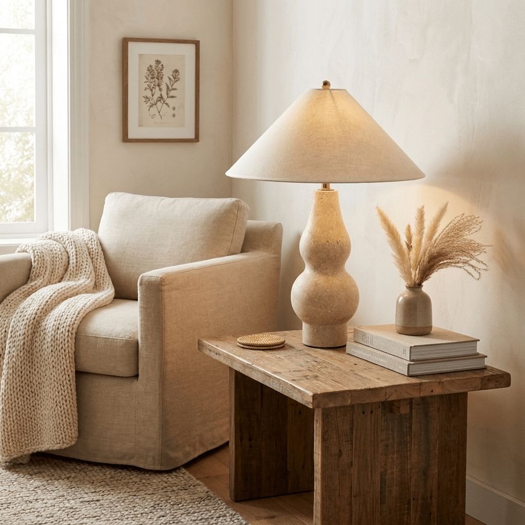 Tovelle Table Lamp in Yellow Travertine with Fabric Shade