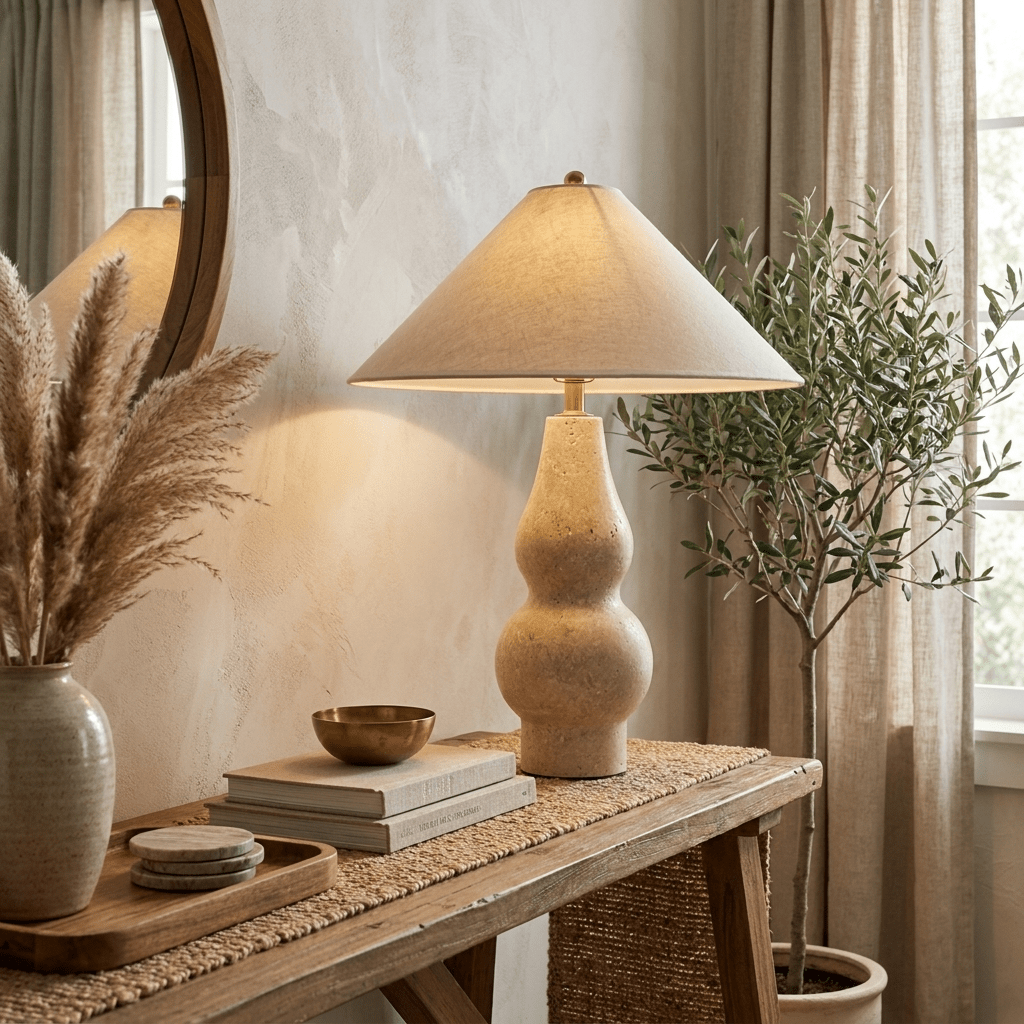 Tovelle Table Lamp in Yellow Travertine with Fabric Shade