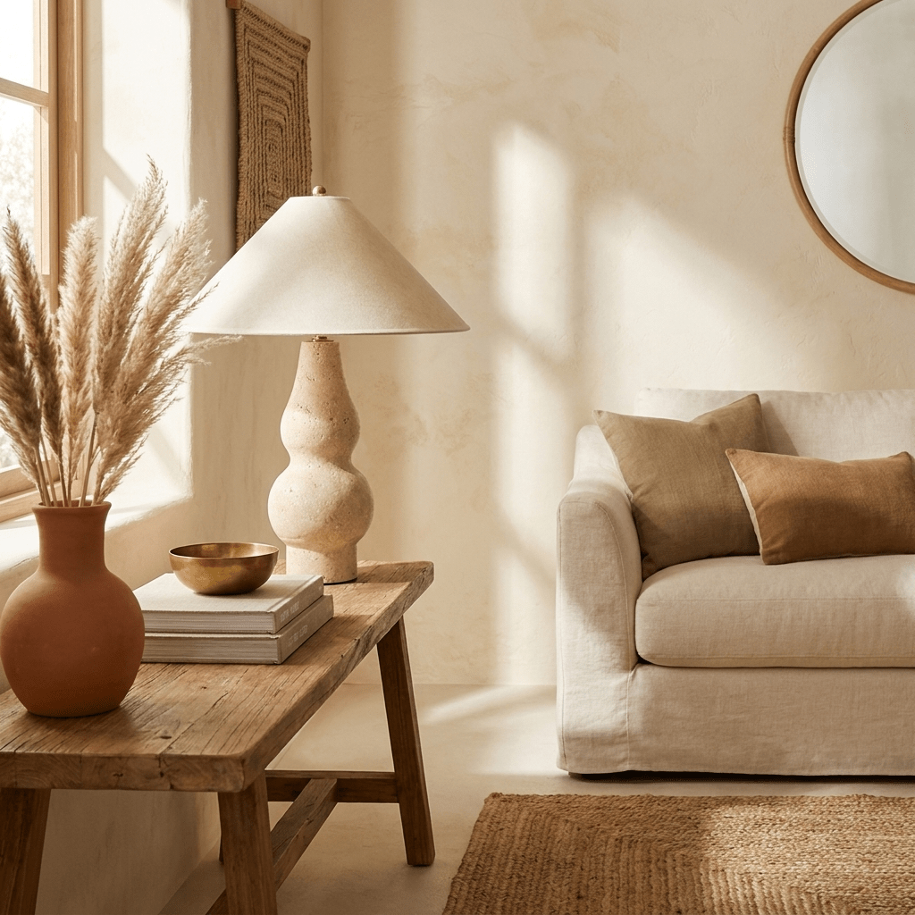 Tovelle Table Lamp in Yellow Travertine with Fabric Shade