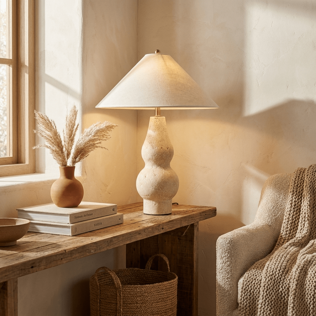 Tovelle Table Lamp in Yellow Travertine with Fabric Shade