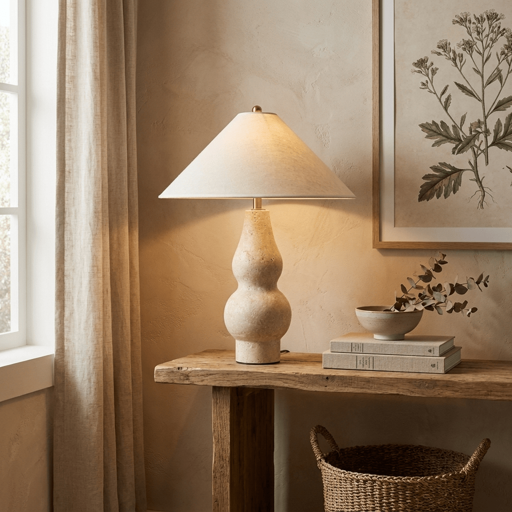 Tovelle Table Lamp in Yellow Travertine with Fabric Shade