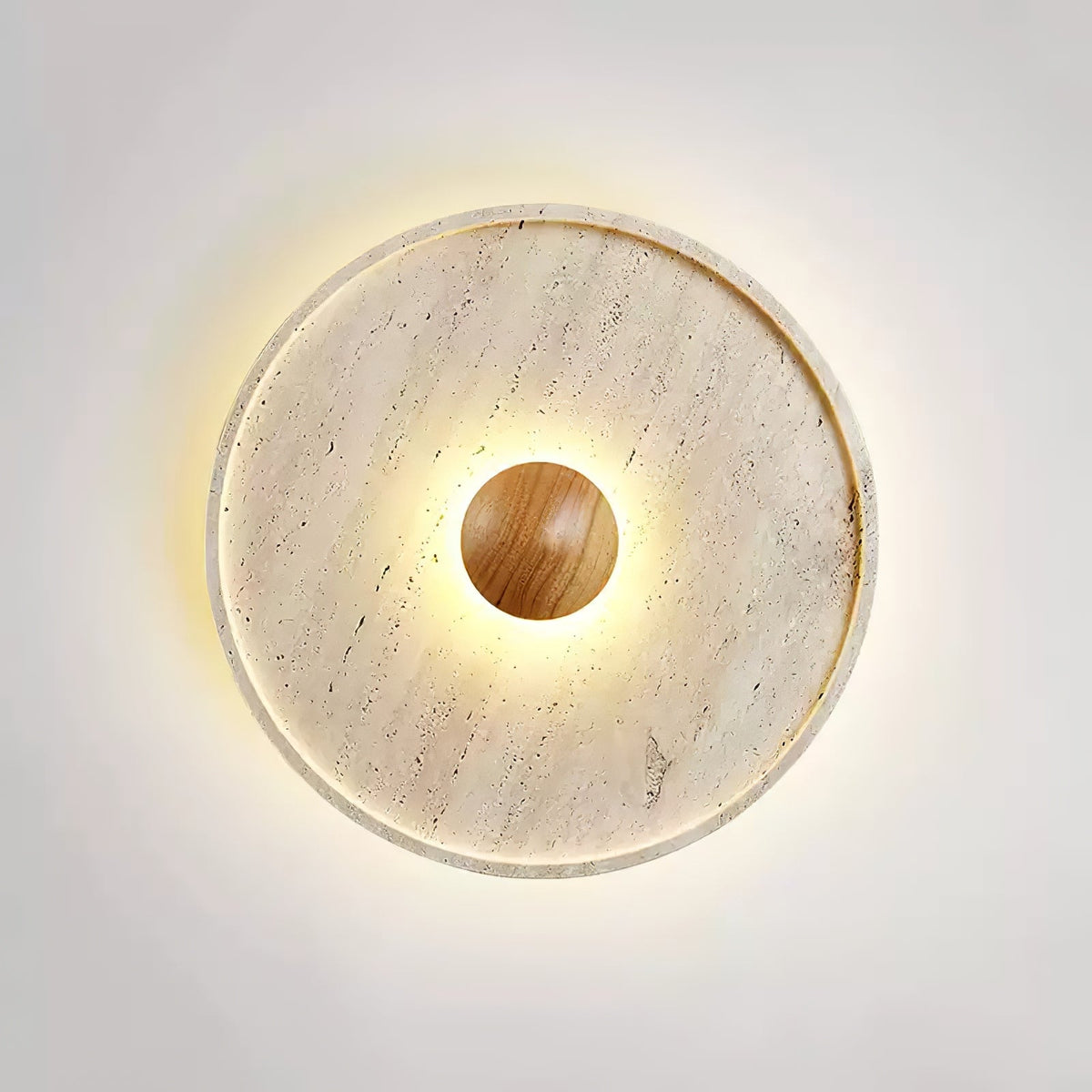 Tranquil Aura Round Ceiling Light in Travertine and Wood