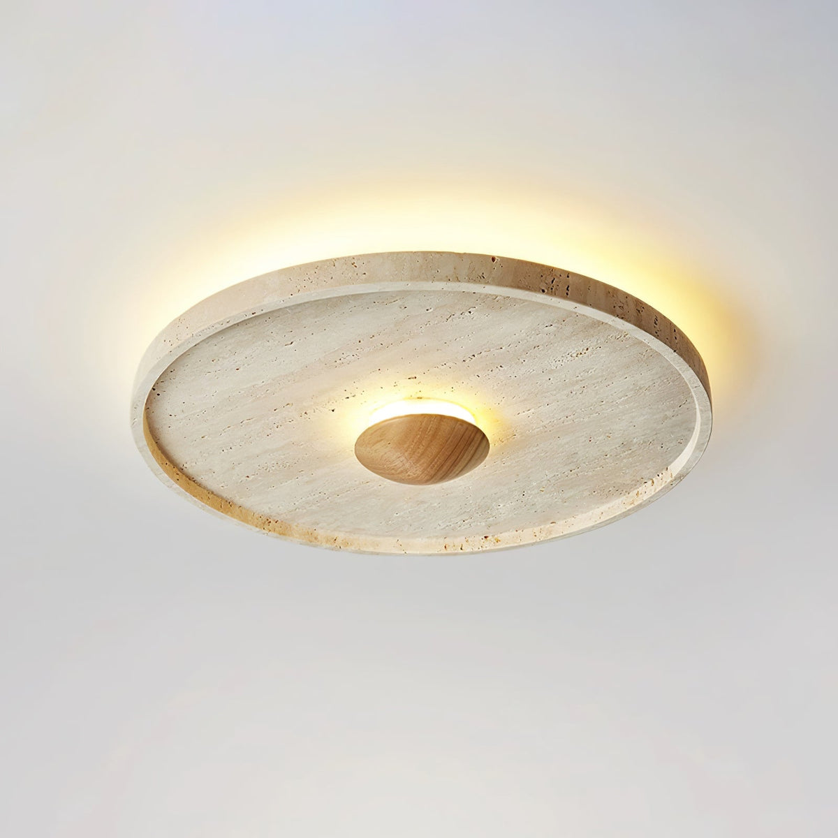 Tranquil Aura Round Ceiling Light in Travertine and Wood