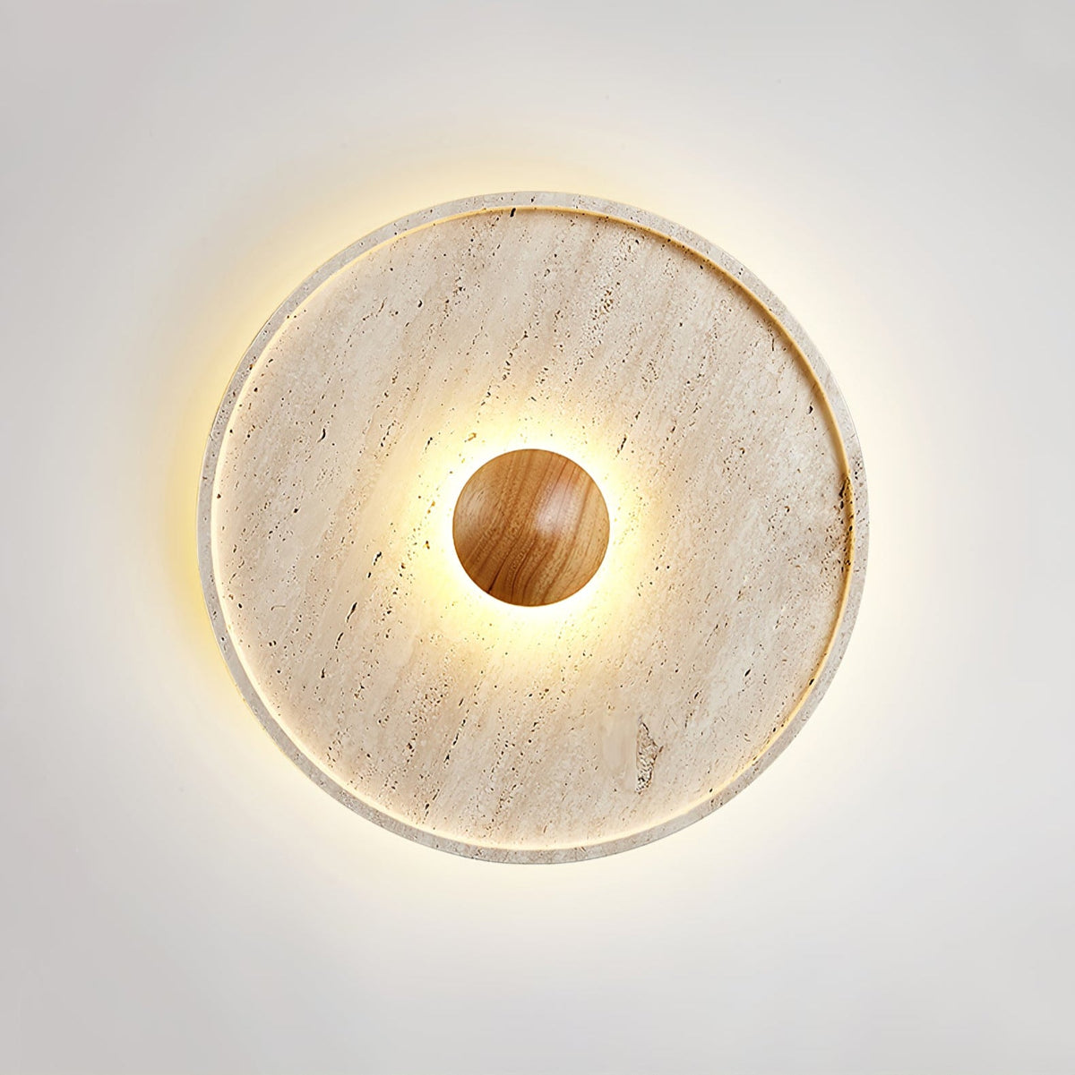 Tranquil Aura Round Ceiling Light in Travertine and Wood