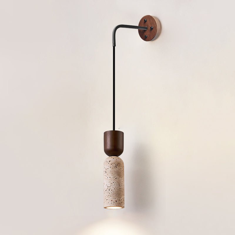 Travertine and Walnut Wall Sconce with Curved Wooden Arm
