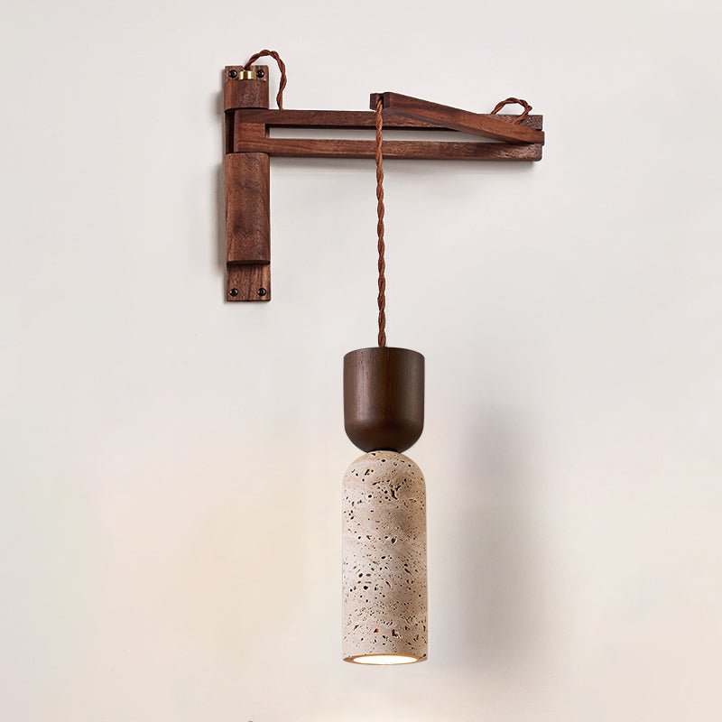 Travertine and Walnut Wall Sconce with Curved Wooden Arm