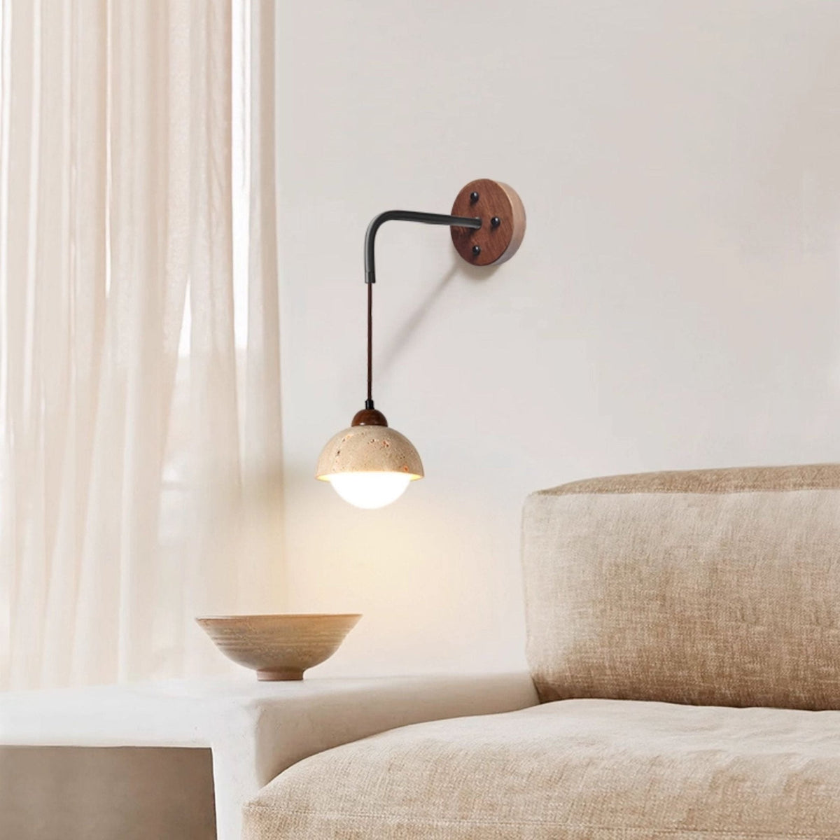 Travertine Swing Arm Wall Sconce with Wooden Accent