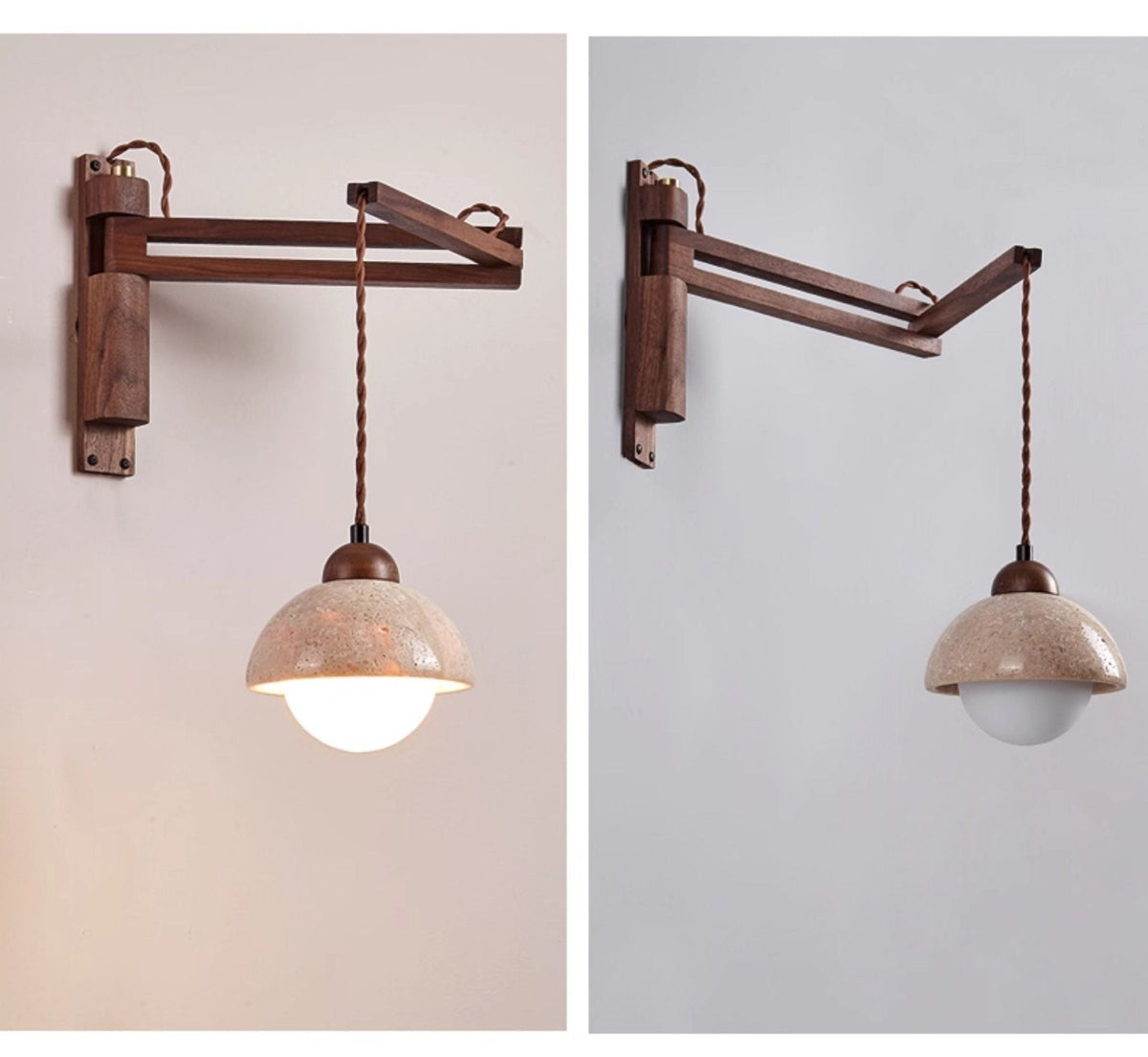 Travertine Swing Arm Wall Sconce with Wooden Accent