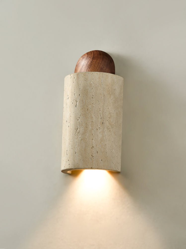 Travertine Capsule Wall Sconce in Walnut Wood – Modern Organic Lighting