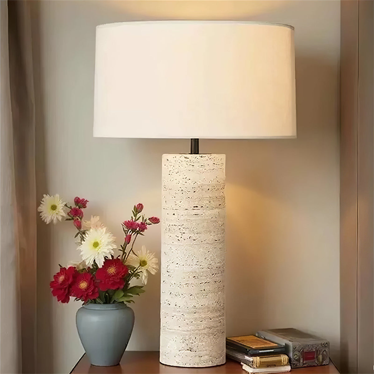 Travertine Column Table Lamp with Off-White Fabric Shade