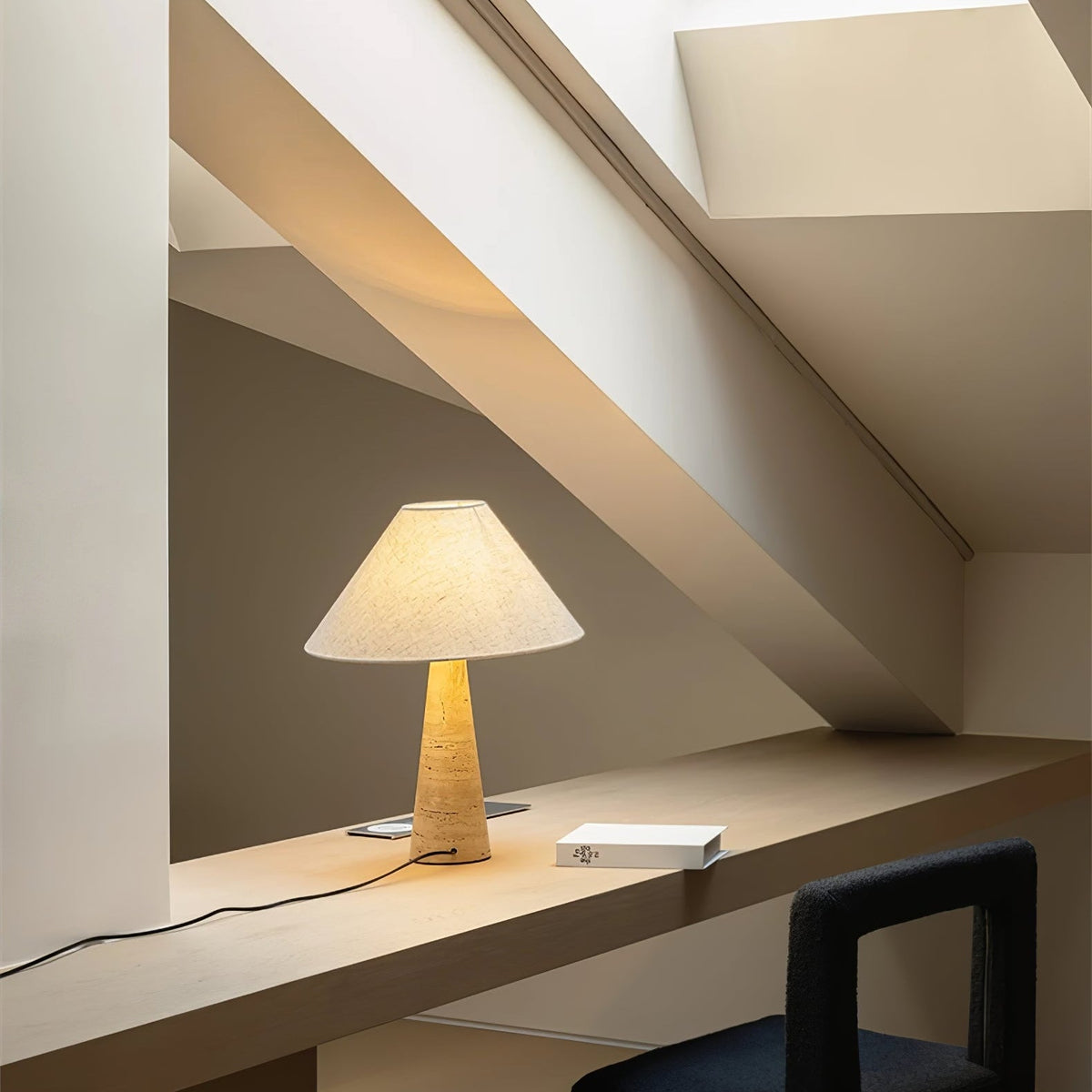 Travertine Column Table Lamp with Off-White Fabric Shade