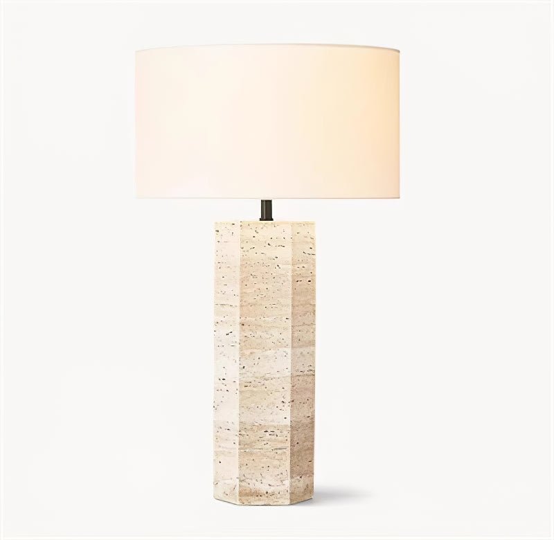 Travertine Column Table Lamp with Off-White Fabric Shade