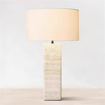 Travertine Column Table Lamp with Off-White Fabric Shade