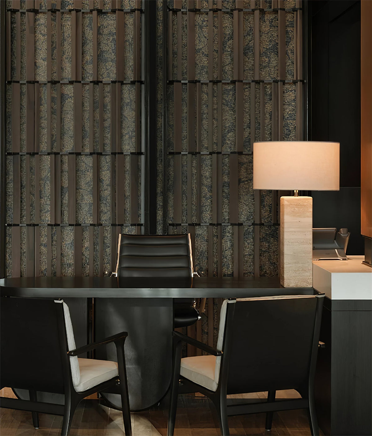 Travertine Column Table Lamp with Off-White Fabric Shade
