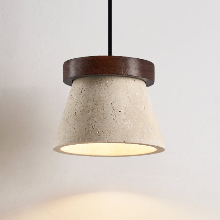 Travertine Cone Pendant Light with Wooden Ring Accent