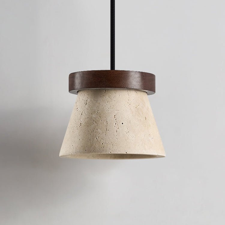 Travertine Cone Pendant Light with Wooden Ring Accent