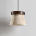 Travertine Cone Pendant Light with Wooden Ring Accent