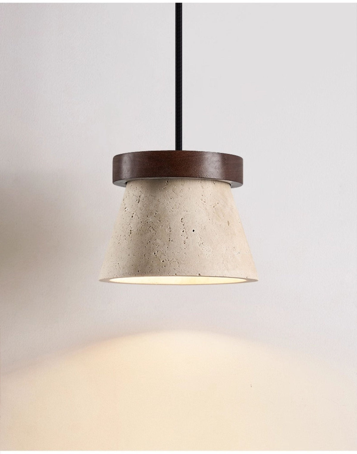 Travertine Cone Pendant Light with Wooden Ring Accent