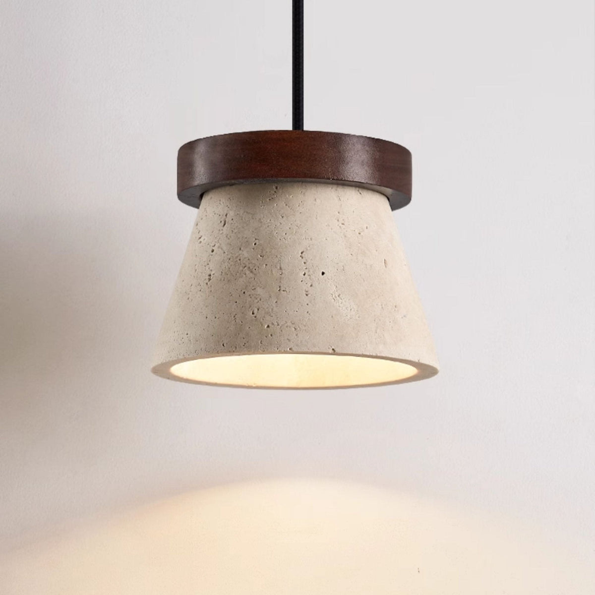 Travertine Cone Pendant Light with Wooden Ring Accent