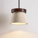 Travertine Cone Pendant Light with Wooden Ring Accent