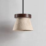 Travertine Cone Pendant Light with Wooden Ring Accent