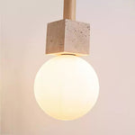 Travertine Cube Globe Pendant Light – Natural Stone & Wood Hanging Lamp