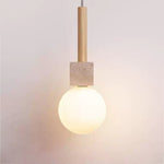Travertine Cube Globe Pendant Light – Natural Stone & Wood Hanging Lamp