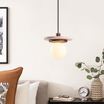 Travertine Disk Pendant Light with Wood Accent and Globe Bulb