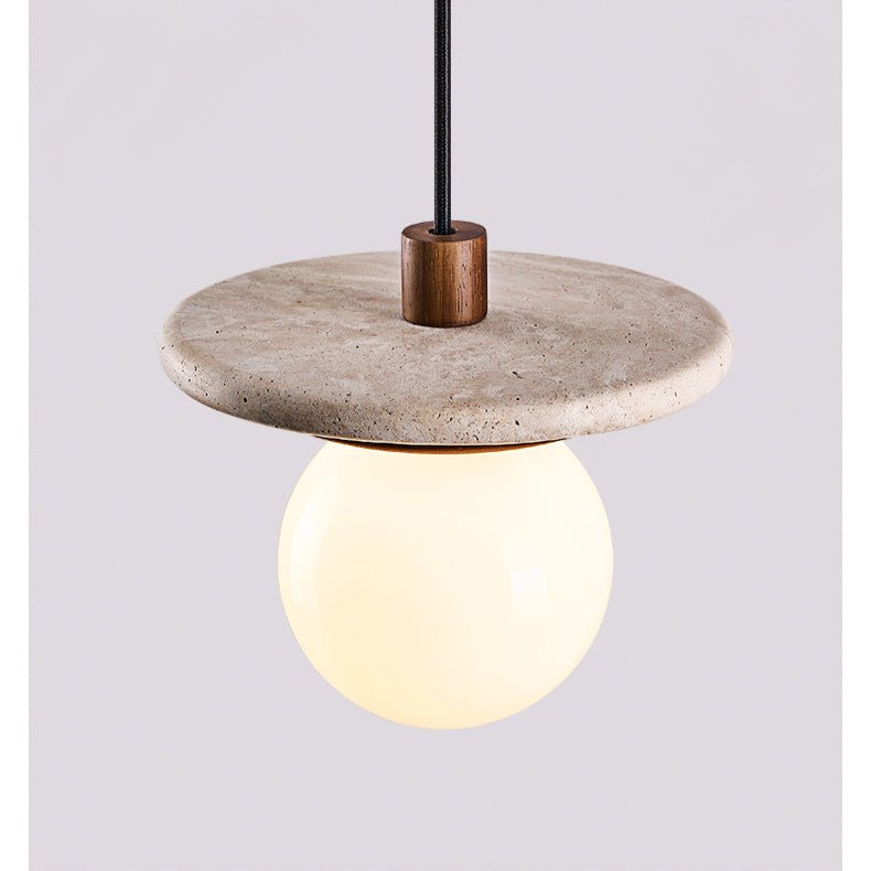 Travertine Disk Pendant Light with Wood Accent and Globe Bulb