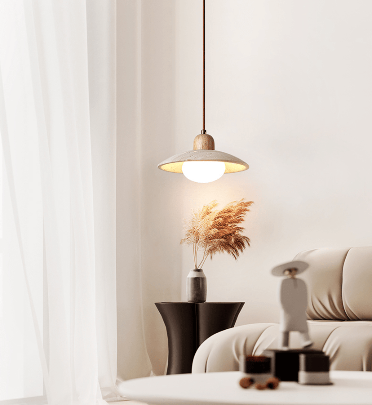 Travertine Dome Pendant Light – Natural Stone & Wood Hanging Lamp