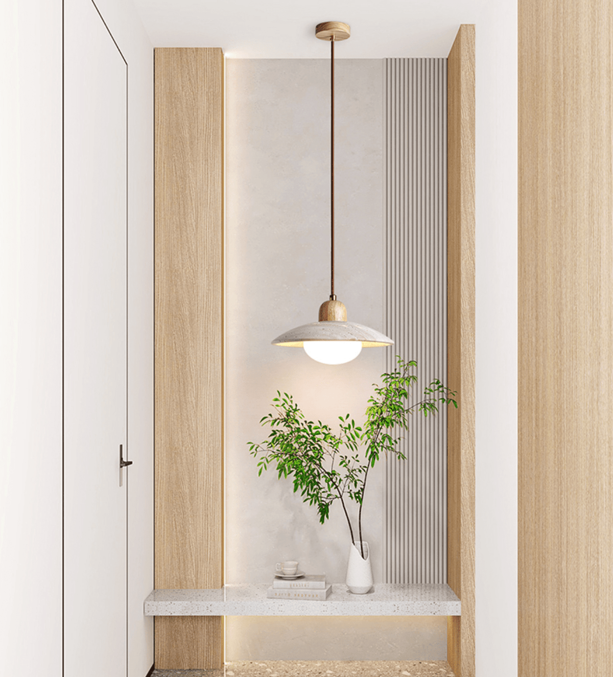 Travertine Dome Pendant Light – Natural Stone & Wood Hanging Lamp