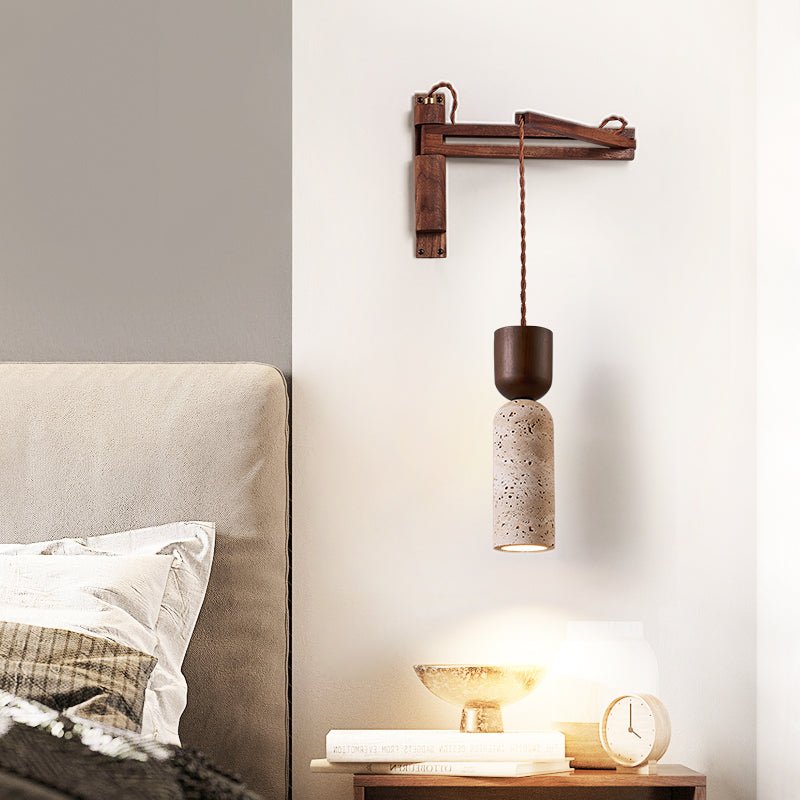 Travertine and Walnut Wall Sconce with Curved Wooden Arm