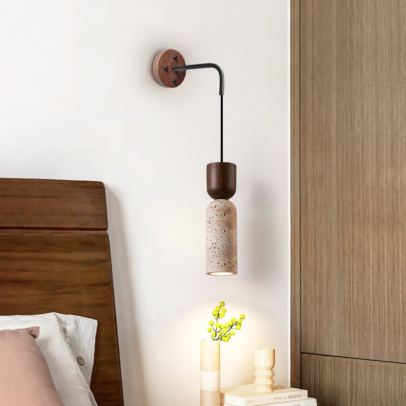 Travertine and Walnut Wall Sconce with Curved Wooden Arm