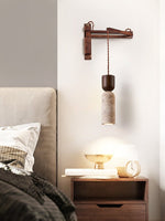 Travertine and Walnut Wall Sconce with Curved Wooden Arm