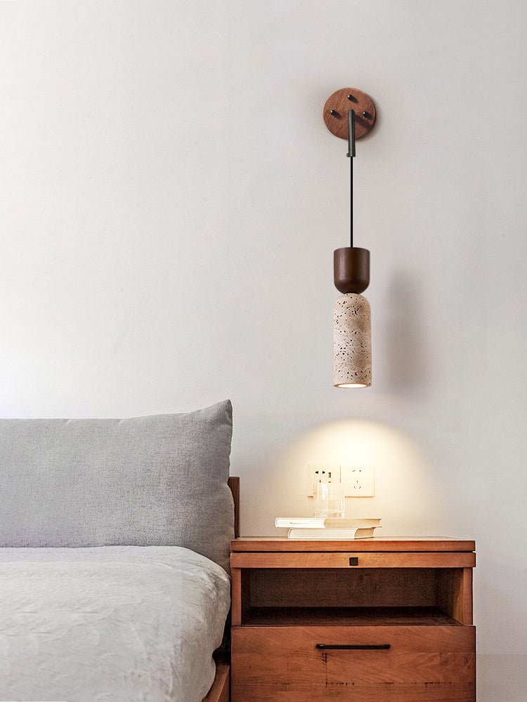 Travertine and Walnut Wall Sconce with Curved Wooden Arm