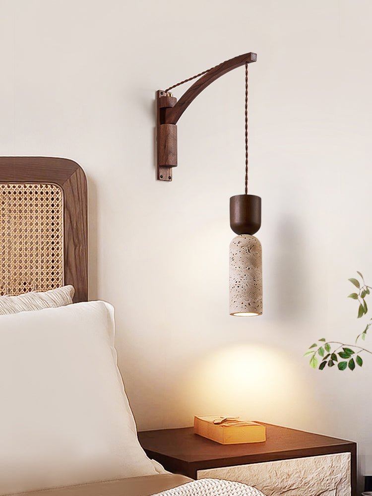 Travertine and Walnut Wall Sconce with Curved Wooden Arm
