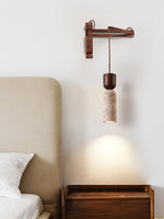 Travertine and Walnut Wall Sconce with Curved Wooden Arm